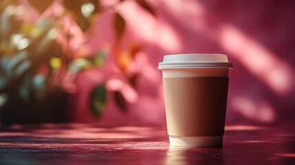 Take Away Coffee Cup on Red Table Outdoors in Sunlight
