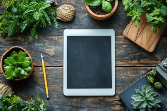 Flatlay of Tablet Succulents Herbs Rustic Wood Background Blank Screen - Powered by Adobe