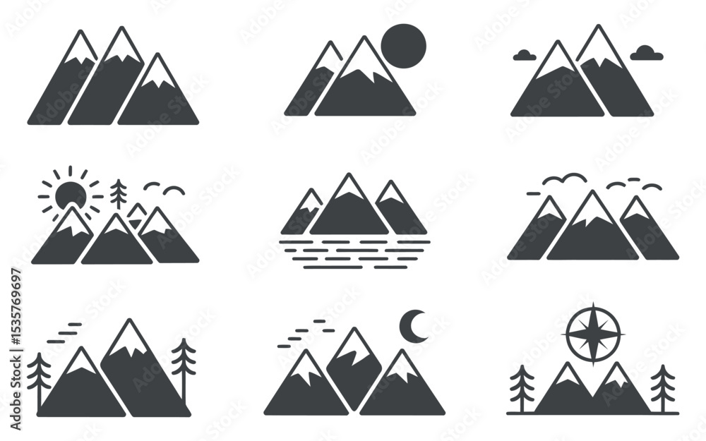 Poster set of nine mountain icon designs with various elements like sun moon trees water clouds birds and c