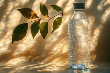 Sparkling Water Bottle with Autumn Leaves Sunlit Still Life Photography