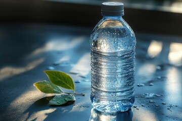 Refreshing Bottled Water with Condensation on a Dark Surface Green Leaves