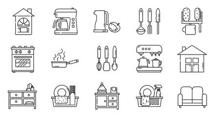 home kitchen, kitchen appliances, kitchen utensils, kitchen gadgets, kitchen equipment, kitchen tools, cooking icons, food preparation, dish washing, cleaning supplies, home decor, furniture, editable