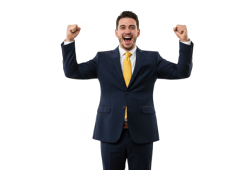 Triumphant businessman in suit, arms raised in victory, isolated on transparent background