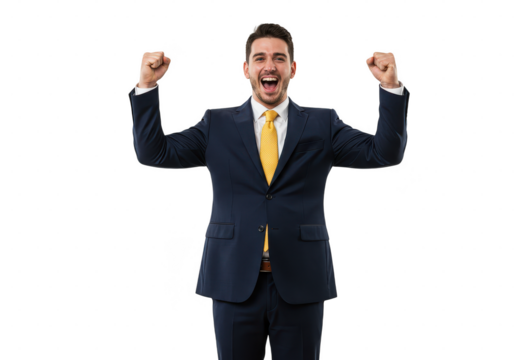 Triumphant businessman in suit, arms raised in victory, isolated on transparent background