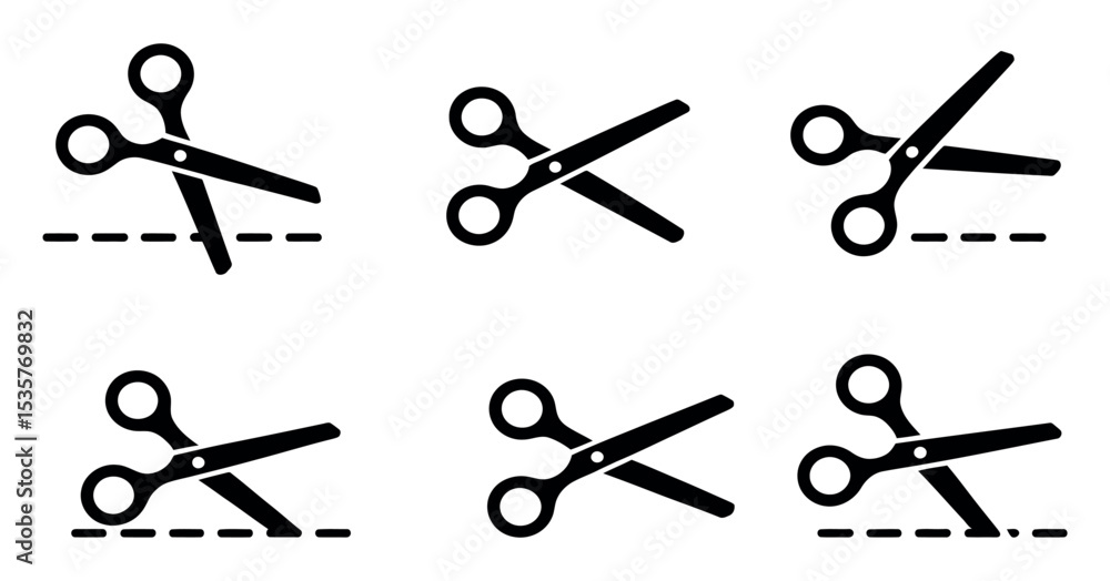 Poster set of black scissors cutting dotted line icons in various positions on white background for design 