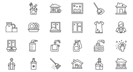 Set of line icons in linear style. Series - Home cleaning.Clean up the house. Washing floors, windows, dishes, clothes and linen.Sweeping the floor and wiping dust. Outline icon collection. Pictogram 