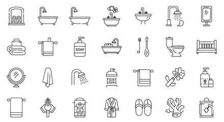 Bathroom line icon set. Bath, room, sink, washbasin, toilet, shower, soap, mirror, towel, robe, slippers and more. Outline vector icon in linear style. Pictogram collection, in black and white design
