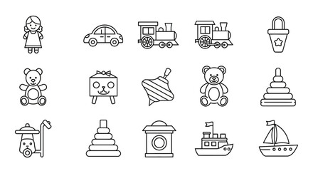 Children's toys line icon set. Doll, car, train, top, teddy bear, pyramid, boat and others. Outline vector icon in linear style. Conceptual pictogram collection, in black and white design
