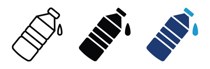 Set of water bottle icon in outline , silhouette and glyph style , stock vector