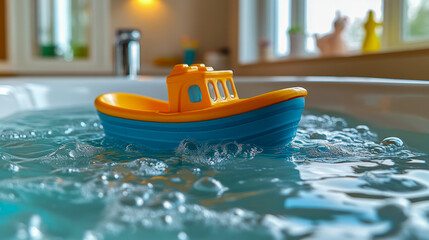 Colorful toy boat floating in bubbly water in modern bathroom