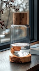 Elegant Glass Water Dispenser with Olive Wood Base Modern Home Decor Clear Water