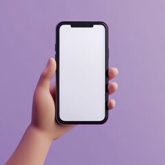 3D cartoon render of a hand holding a smartphone with a blank white screen, against a purple background