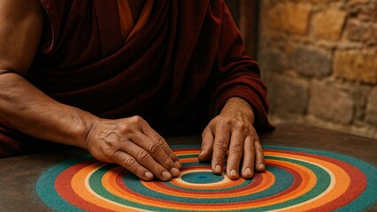 Buddhist monk wearing traditional maroon robes carefully arranging colored sand grains on a circular surface, creating an intricate and symbolic mandala in a meditative practice