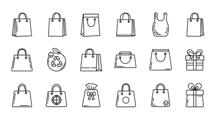 Shopping bag line icon set. Shopper, paper, plastic bag, eco packaging, gift and more. Outline vector icon in linear style. Pictogram collection in black and white design
