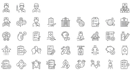 Healthcare line icon set. Medicine, medical service, health, care, doctor, hospital, patient, treatment, sick, illness and more. Outline icon in linear style. Vector collection black and white
