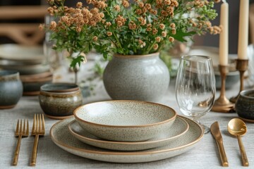 Rustic Farmhouse Table Setting with Speckled Grey Pottery Dried Flowers and Gold Cutlery