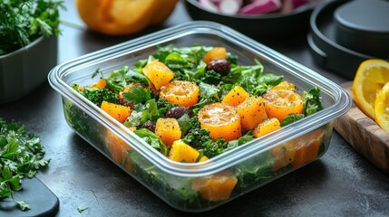 Healthy Vegan Salad with Roasted Butternut Squash Spinach and Olives in a Glass Container