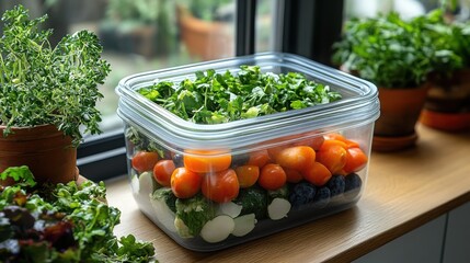 Fresh Vegetables and Herbs in a Clear Storage Container on a Windowsill