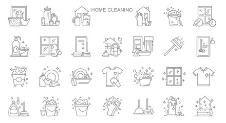 Set of line icons in linear style. Series - Home cleaning.Clean up the house. Washing floors, windows, dishes, clothes and linen.Sweeping the floor and wiping dust. Outline icon collection. Pictogram 