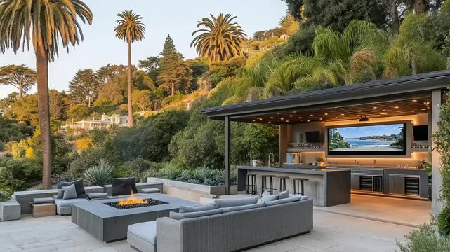 Outdoor entertainment area with fire pit and bar