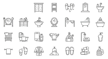 Bathroom line icon set. Bath, room, sink, washbasin, toilet, shower, soap, mirror, towel, robe, slippers and more. Outline vector icon in linear style. Pictogram collection, in black and white design
