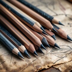 Close-up of drawing pencils on parchment