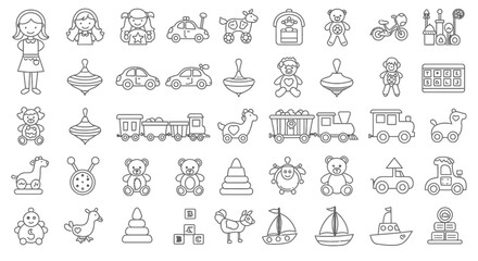 Children's toys line icon set. Doll, car, train, top, teddy bear, pyramid, boat and others. Outline vector icon in linear style. Conceptual pictogram collection, in black and white design

