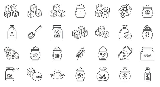 Series - Sugar line icons set. Granulated sugar, lump sugar, cube, refined sugar, sweetener, portioned cane sugar, fructose, saccharide and more. Outline icon collection. Pictograms, in black and whit