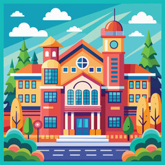 Modern house building vector design with sunny background and neighborhood illustration for property content
