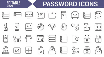 Editable vector icons for password, security, and wifi protection in digital apps.