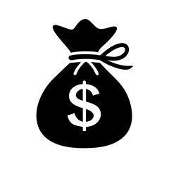 Money bag icon – finance, wealth, banking, dollar, savings, investment, currency, economy, budget, icon, black, silhouette, sack, income, profit, deposit, cash, capital, funds