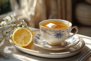 Aromatic Herbal Tea with Lemon in Vintage Cup and Saucer