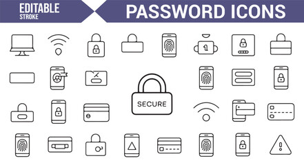 Editable password protection icons set for mobile, wifi, and server security.