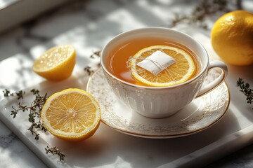 Warm Lemon Tea in Elegant Cup with Tea Bag Slices and Herbs on Tray