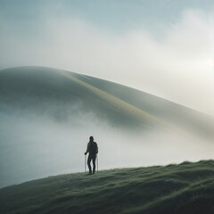 Lone hiker in misty landscape