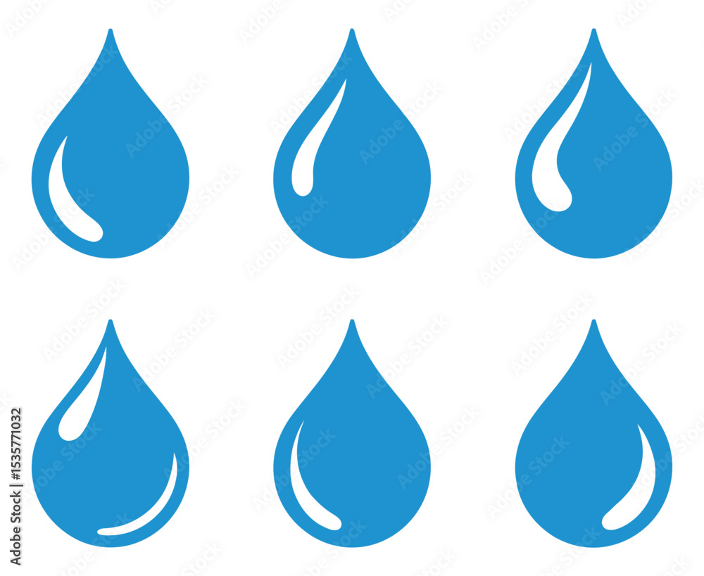 Aufkleber set of six blue water drop icons with highlight on a white background for design elements and resour