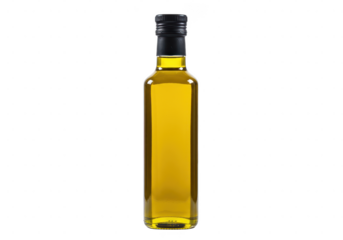 Golden olive oil in a tall glass bottle isolated on transparent background