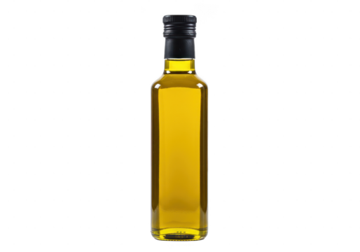 Golden olive oil in a tall glass bottle isolated on transparent background