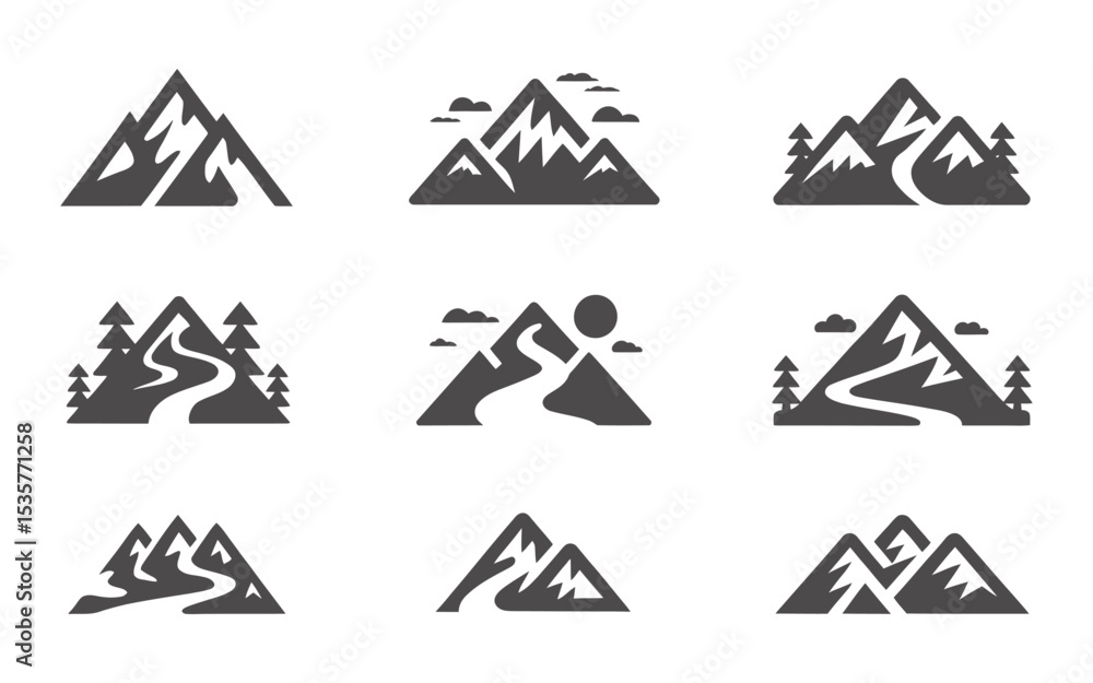 Poster collection of mountain icons with various features like trees clouds river and sun representing natu