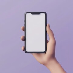 3D cartoon render of a hand holding a smartphone with a blank white screen, against a purple background