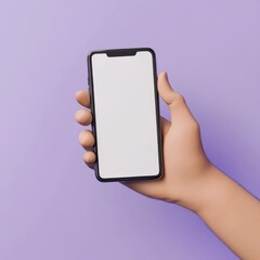 3D cartoon render of a hand holding a smartphone with a blank white screen, against a purple background