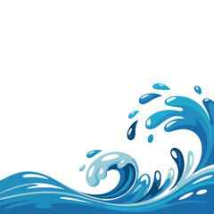 Stylized Blue Water Wave Illustration with Splashes and Drops on a White Background for Design Elements and Creative Projects