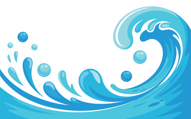 Stylized Blue Water Wave with Bubbles and Splashes on a White Background Perfect for Summer Themes and Aquatic Designs Vector Illustration