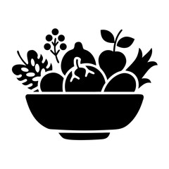 Fruit Bowl Icon – Healthy Food Black Silhouette Vector of Fruits and Vegetables in a Bowl