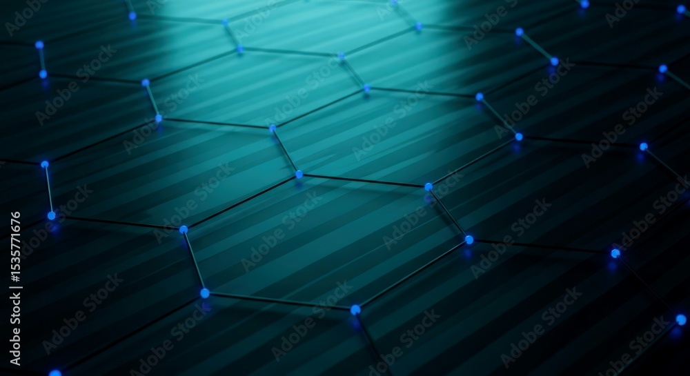 Poster abstract blue interconnected dots forming network grid on dark background. web of connections, globa