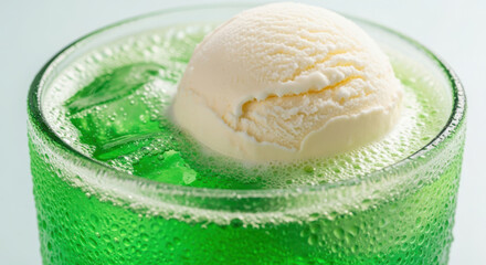 鮮やかな緑色のクリームソーダのクローズアップ