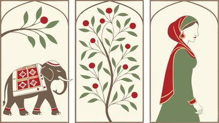 Mughal Pichwai Garden. Indian Wedding Invitation. Vector illustration of temple, peacock, elephant, flower frame, border, pillar arch, tropical plant,  for greeting card, flyer, poster or background. 