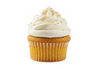 A golden cupcake with a swirl of creamy frosting, isolated on transparent background