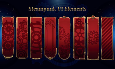 Set of Steampunk Fantasy Banner Backgrounds for user interface, poster, video. Fantasy mechanic HUD. Template for rpg game interface. Vector Illustration EPS10