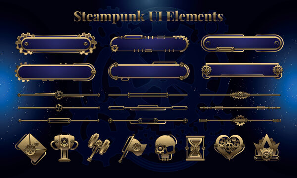 Set of Steampunk Fantasy Elements for user interface, poster, video. Fantasy mechanic HUD. Template for rpg game interface. Vector Illustration EPS10